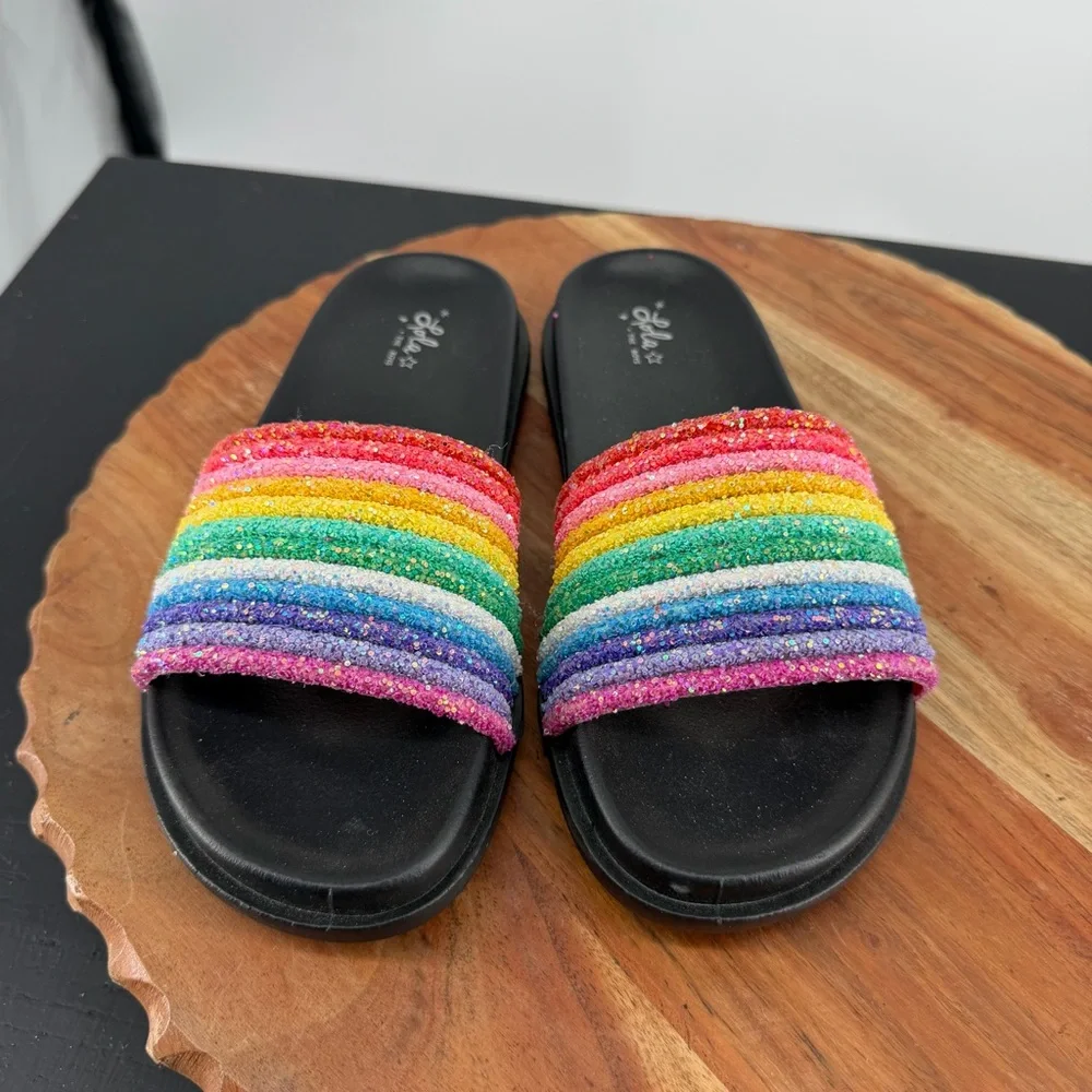 Lola + The Boys Black Glitter Rainbow Slides sandals 35‎ sz US 4Y